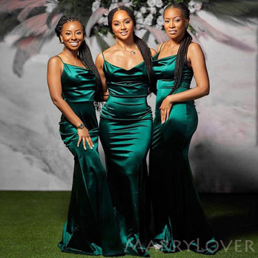 Dark Green Satin Spaghetti Straps Mermaid Long Bridesmaid Dresses , BN1024