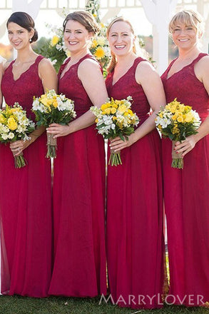 A-line Dark Red Chiffon V-neck Long Bridesmaid Dresses, Lace Bridesmaid Dress, BN1025