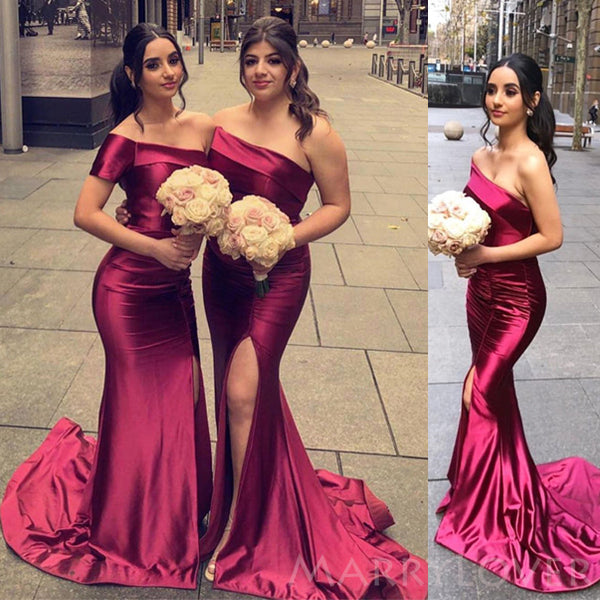 One Shoulder Burgundy Satin Mermaid Long Side Slit Bridesmaid Dresses , BN1030 One Shoulder Burgundy Satin Mermaid Long Side Slit Bridesmaid Dresses , BN1030
