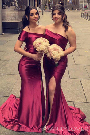 One Shoulder Burgundy Satin Mermaid Long Side Slit Bridesmaid Dresses , BN1030