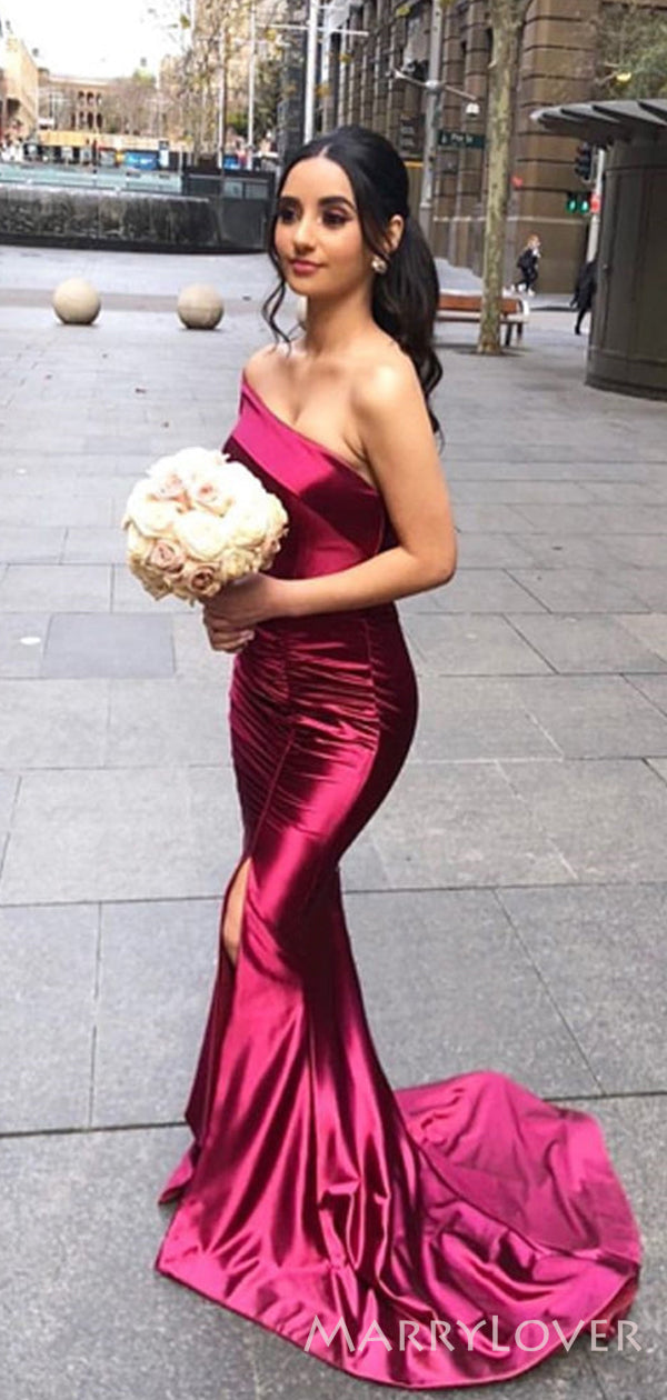 One Shoulder Burgundy Satin Mermaid Long Side Slit Bridesmaid Dresses MarryLover One Shoulder Burgundy Satin Mermaid Long Side Slit Bridesmaid Dresses MarryLover