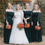 Off Shoulder Long Sleeves Dark Green Chiffon Lace Long  Custom Bridesmaid Dresses , BN1135