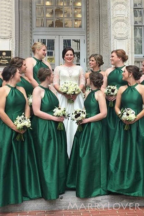 A-line Dark Green Satin Long  Halter Custom Bridesmaid Dresses , BN1137