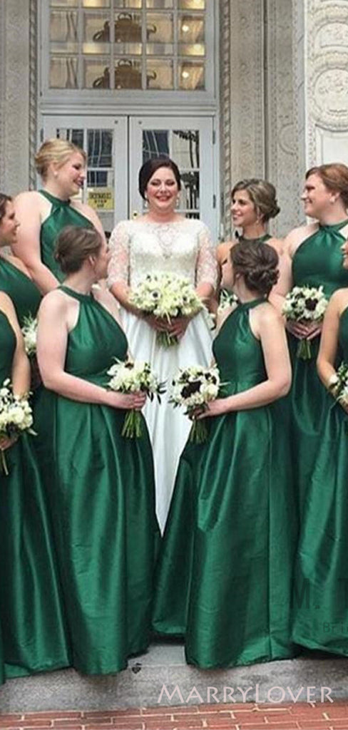 A-line Dark Green Satin Long  Halter Custom Bridesmaid Dresses , BN1137