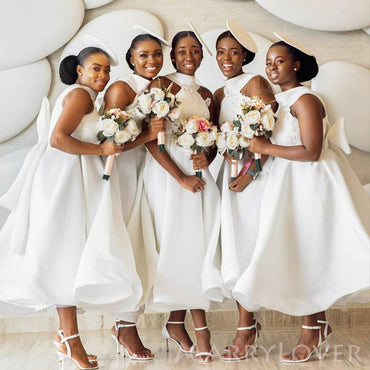 A-line White Satin High Neck Custom Bridesmaid Dresses , BN1152