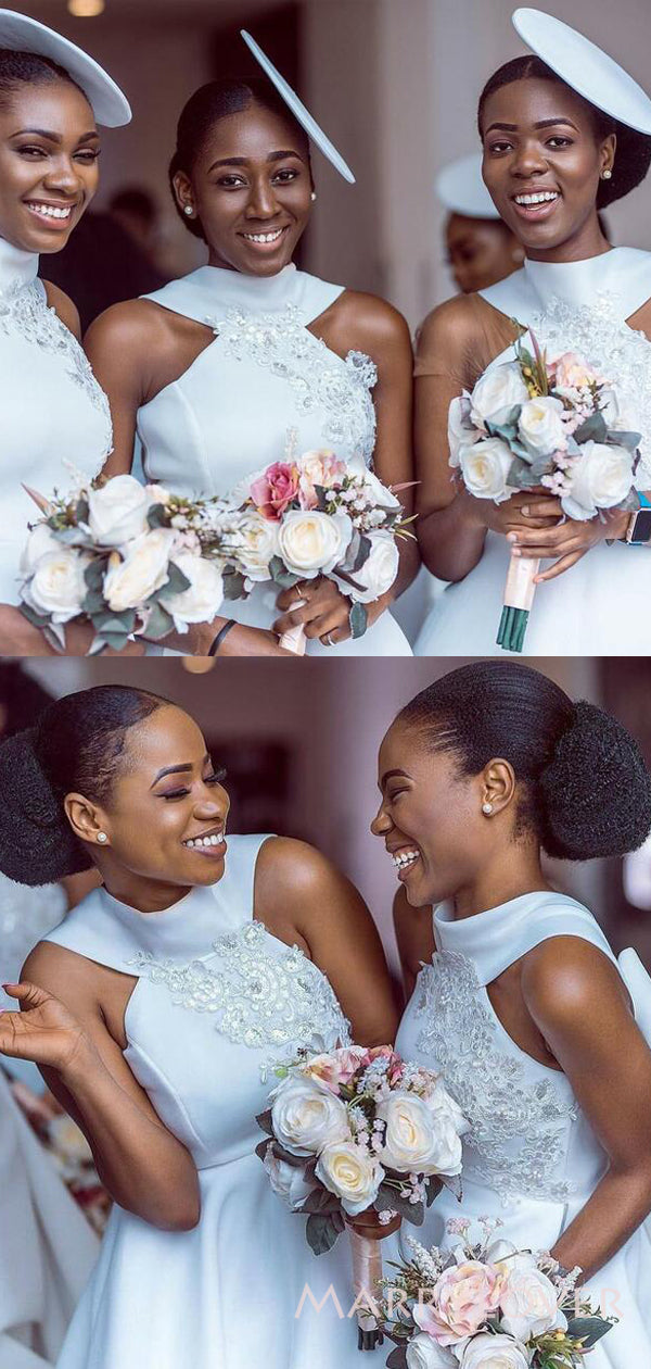 A-line White Satin High Neck Custom Bridesmaid Dresses , BN1152 A-line White Satin High Neck Custom Bridesmaid Dresses , BN1152