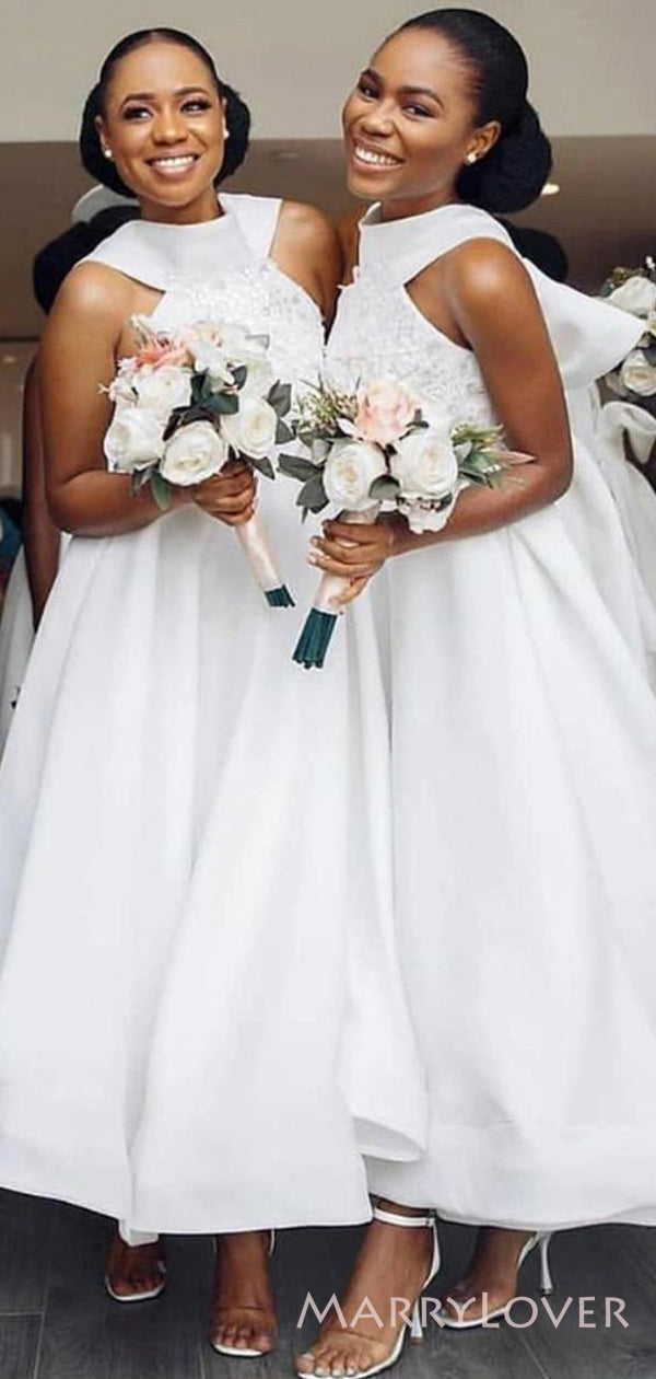 A-line White Satin High Neck Custom Bridesmaid Dresses , BN1152 A-line White Satin High Neck Custom Bridesmaid Dresses , BN1152