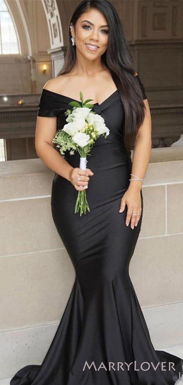 black satin off the shoulder bridesmaid dress Azazie Lynden