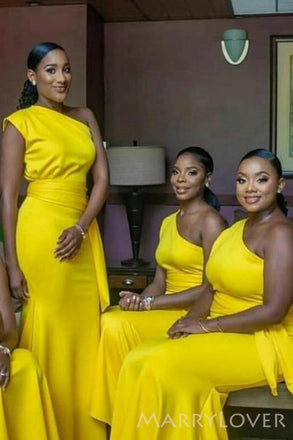 One Shoulder Yellow Long Mermaid Custom Bridesmaid Dresses , BN1155