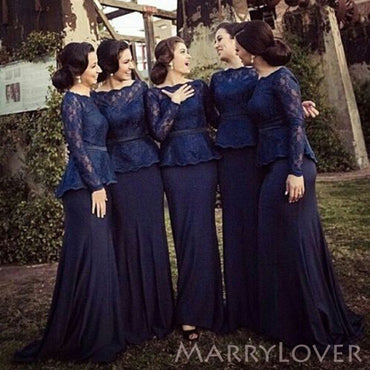 Navy Blue lace Long Sleeves Bateau Long Mermaid Custom Bridesmaid Dresses , BN1163