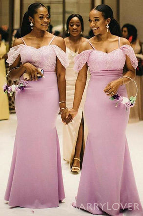 Off Shoulder Spaghetti Straps Purple Long Mermaid Custom Bridesmaid Dresses , BN1169