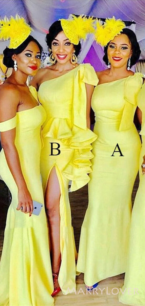 Mismatched Yellow Satin One Shoulder Long Mermaid Custom Bridesmaid Dr MarryLover Mismatched Yellow Satin One Shoulder Long Mermaid Custom Bridesmaid Dr MarryLover