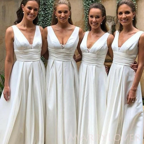 Simple A-line Deep V-neck White Long Custom Bridesmaid Dresses , BN1171