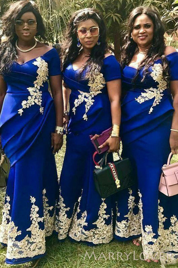 Off Shoulder Royal Blue Satin Appliques Long Mermaid Custom Bridesmaid MarryLover Off Shoulder Royal Blue Satin Appliques Long Mermaid Custom Bridesmaid MarryLover