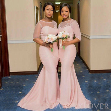Blush Pink Half Sleeves Bateau Long Mermaid Custom Bridesmaid Dresses , BN1175
