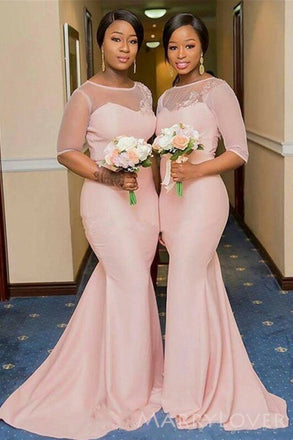 Blush Pink Half Sleeves Bateau Long Mermaid Custom Bridesmaid Dresses , BN1175