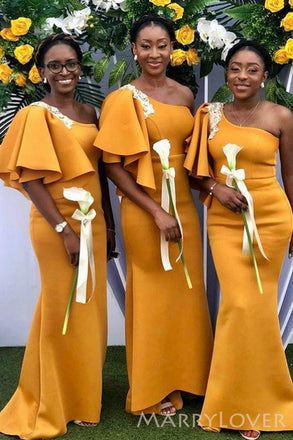 One Shoulder Orange Long Mermaid Custom Bridesmaid Dresses , BN1177