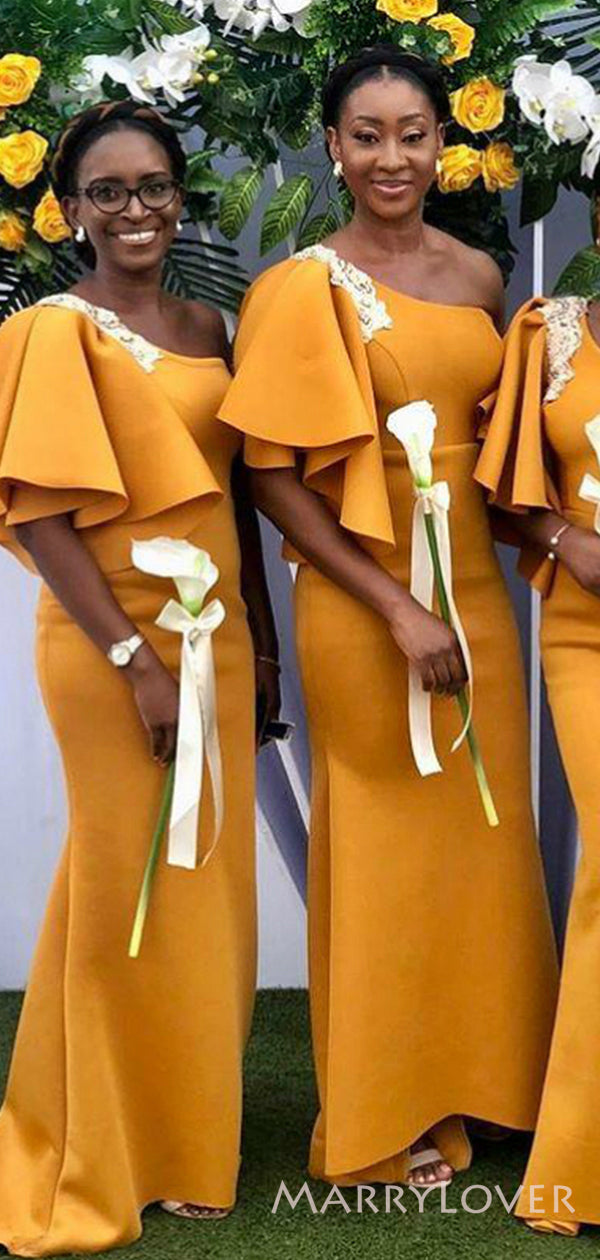 One Shoulder Orange Long Mermaid Custom Bridesmaid Dresses