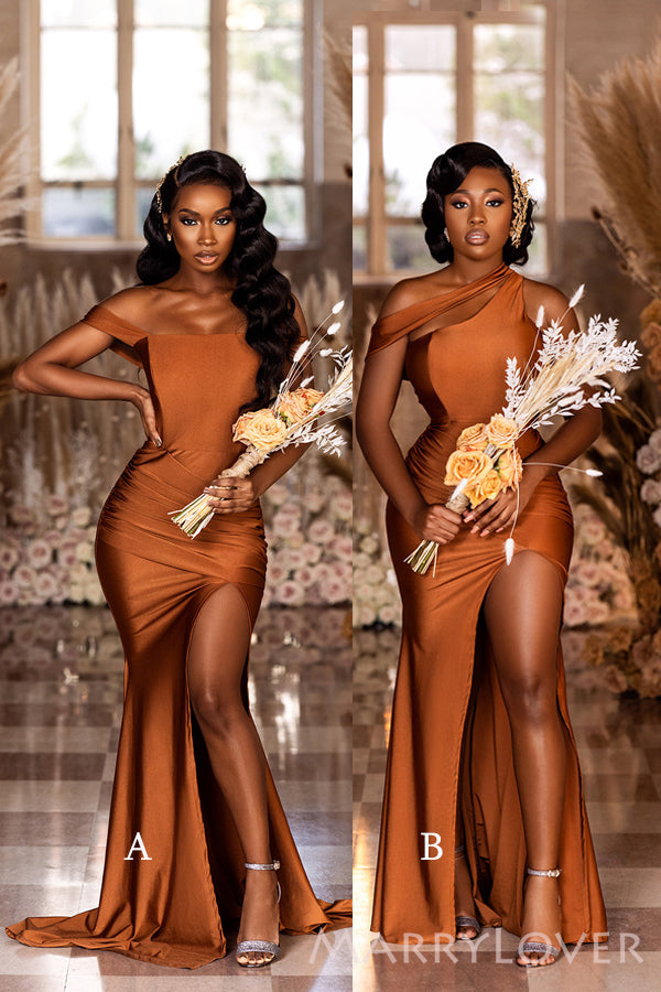 Mismatched Burnt Orange Satin Long Mermaid Custom Side Slit Bridesmaid – MarryLover