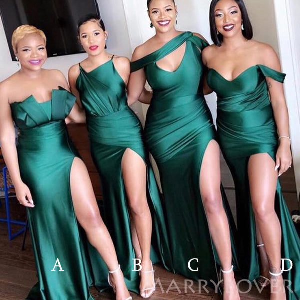 Mismatched Dark Green Satin Side Slit Long Mermaid Custom Bridesmaid Dresses , BN1187