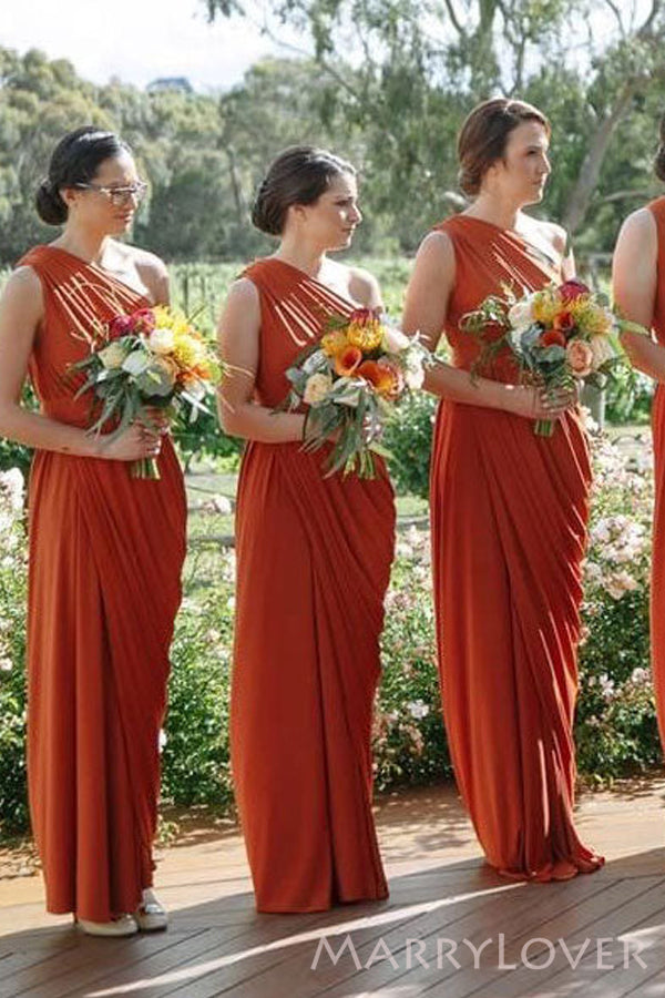 One Shoulder Burnt Orange Chiffon Long Custom Bridesmaid Dresses , BN1188