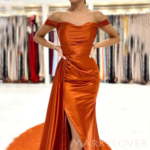 Burnt Orange Satin Off Shoulder Mermaid Long Side Slit Custom Bridesmaid Dresses , BN1193