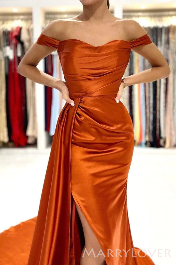 Burnt Orange Satin Off Shoulder Mermaid Long Side Slit Custom Bridesma MarryLover Burnt Orange Satin Off Shoulder Mermaid Long Side Slit Custom Bridesma MarryLover