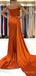 Burnt Orange Satin Off Shoulder Mermaid Long Side Slit Custom Bridesmaid Dresses , BN1193