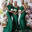 Dark Green Satin One Shoulder Mermaid Long Custom Bridesmaid Dresses , BN1198