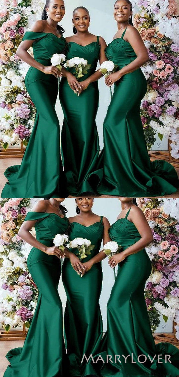 Dark Green Satin One Shoulder Mermaid Long Custom Bridesmaid Dresses , – MarryLover Dark Green Satin One Shoulder Mermaid Long Custom Bridesmaid Dresses , – MarryLover
