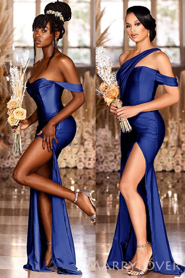 Mismatched Royal Blue Satin Mermaid Long Side Slit Custom Bridesmaid Dresses , BN1199