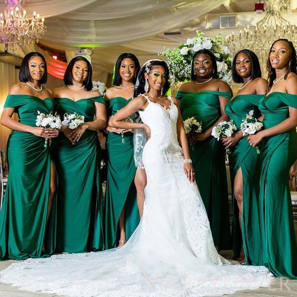 Off Shoulder Dark Green Sheath Long Side Slit Custom Bridesmaid Dresse – MarryLover