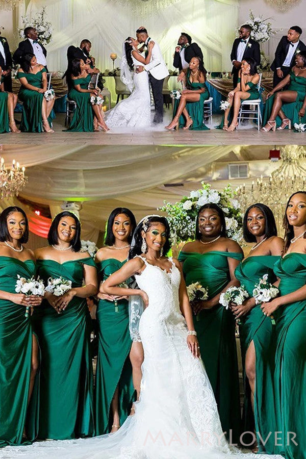 Off Shoulder Dark Green Sheath Long Side Slit Custom Bridesmaid Dresse – MarryLover