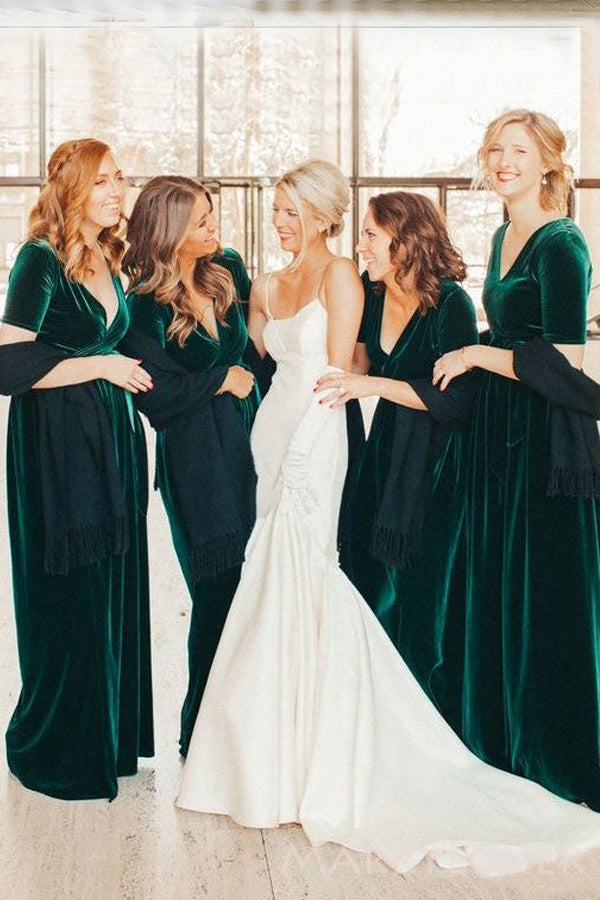 Simple Dark Green Velvet Half Sleeves Long V-neck Custom Bridesmaid Dr MarryLover Simple Dark Green Velvet Half Sleeves Long V-neck Custom Bridesmaid Dr MarryLover