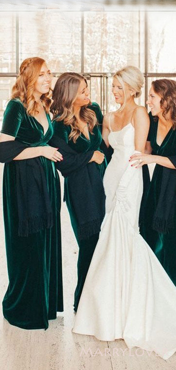 Simple Dark Green Velvet Half Sleeves Long V-neck Custom Bridesmaid Dresses , BN1202 Simple Dark Green Velvet Half Sleeves Long V-neck Custom Bridesmaid Dresses , BN1202