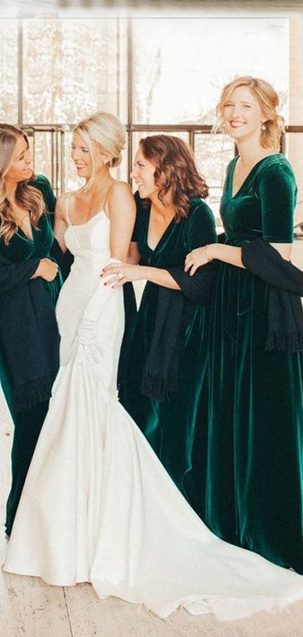 Simple Dark Green Velvet Half Sleeves Long V-neck Custom Bridesmaid Dr MarryLover Simple Dark Green Velvet Half Sleeves Long V-neck Custom Bridesmaid Dr MarryLover