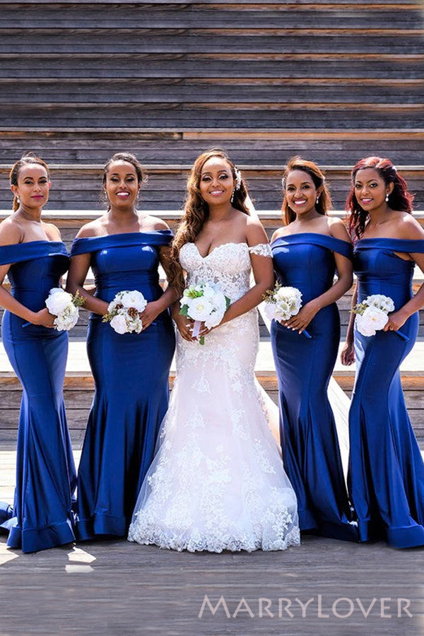 Simple Royal Blue Satin Off Shoulder Mermaid Long Custom Bridesmaid Dresses , BN1203 Simple Royal Blue Satin Off Shoulder Mermaid Long Custom Bridesmaid Dresses , BN1203