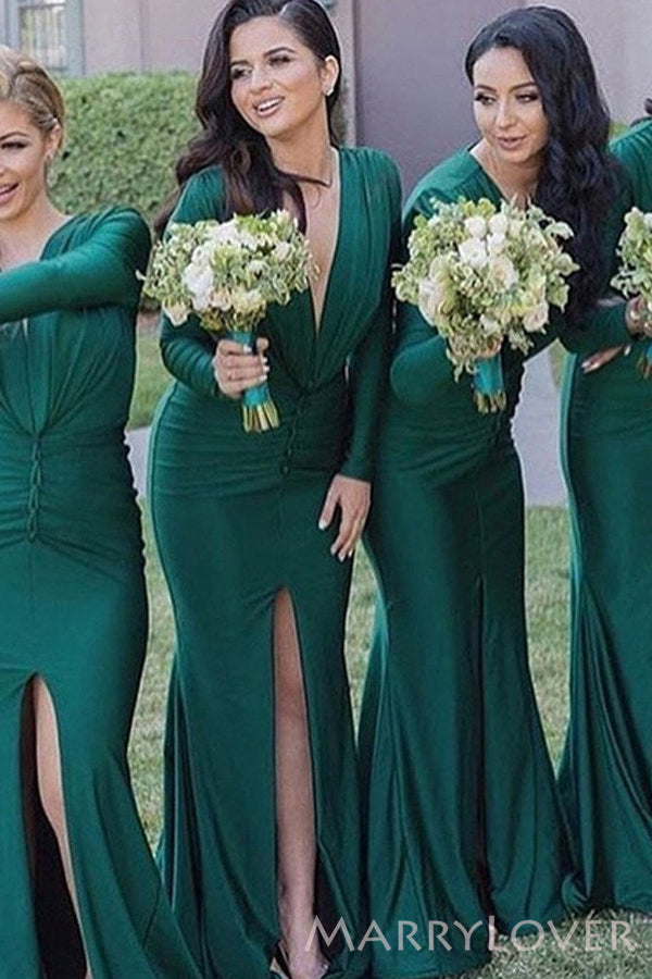 Simple Sheath Dark Green Long Sleeves Long Side Slit Custom Bridesmaid Dresses , BN1204