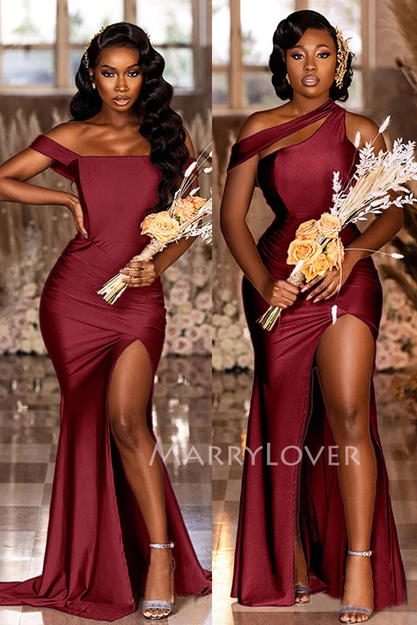 Mismatched Burgundy Satin Mermaid Long Side Slit Custom Bridesmaid Dre MarryLover Mismatched Burgundy Satin Mermaid Long Side Slit Custom Bridesmaid Dre MarryLover