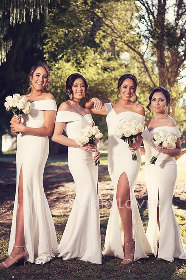 Simple Off Shoulder White Mermaid Long Side Slit Custom Bridesmaid Dre MarryLover Simple Off Shoulder White Mermaid Long Side Slit Custom Bridesmaid Dre MarryLover