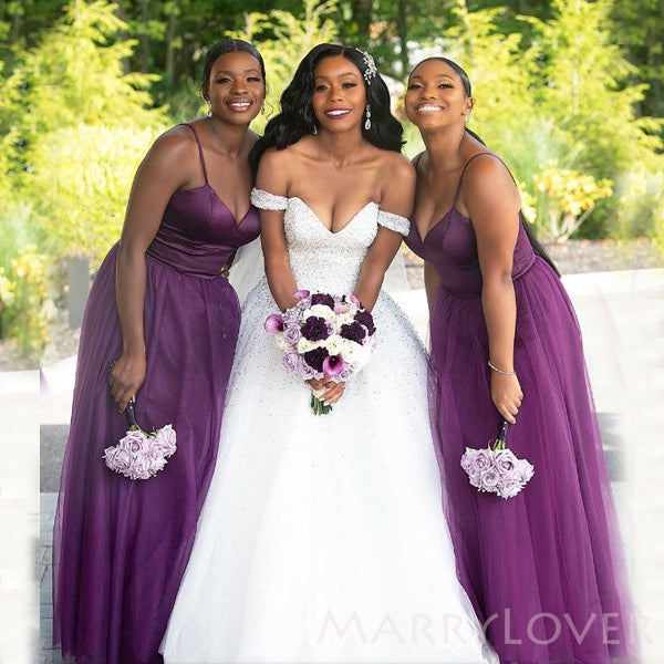 A-line Spaghetti Straps Purple Tulle Long Custom Bridesmaid Dresses , – MarryLover