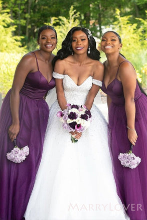 A-line Spaghetti Straps Purple Tulle Long Custom Bridesmaid Dresses , BN1224