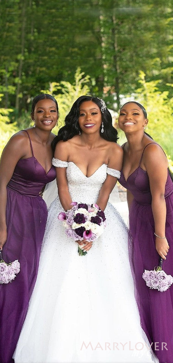A-line Spaghetti Straps Purple Tulle Long Custom Bridesmaid Dresses , MarryLover A-line Spaghetti Straps Purple Tulle Long Custom Bridesmaid Dresses , MarryLover