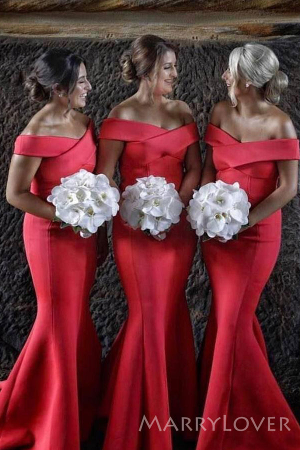Simple Red Satin Off Shoulder Long Mermaid Custom Bridesmaid Dresses , BN1227