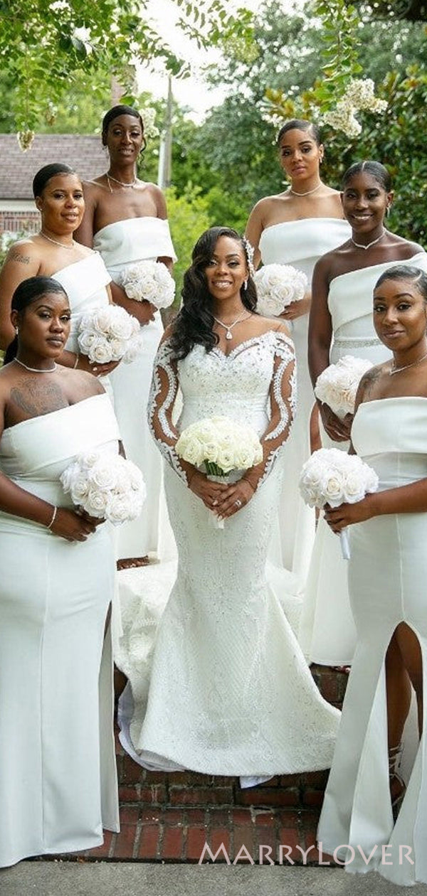 Simple white Strapless Long Mermaid Side Slit Custom Bridesmaid Dresses , BN1229 Simple white Strapless Long Mermaid Side Slit Custom Bridesmaid Dresses , BN1229