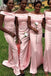 Pink Satin Off Shoulder Long Mermaid Custom Bridesmaid Dresses , BN1231