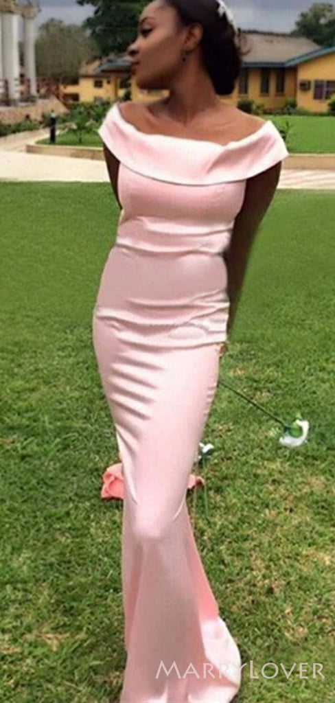 Pink Satin Off Shoulder Long Mermaid Custom Bridesmaid Dresses , BN1231