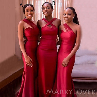 Mismatched Red Satin Sweet Heart Long Mermaid Custom Bridesmaid Dresses , BN1234