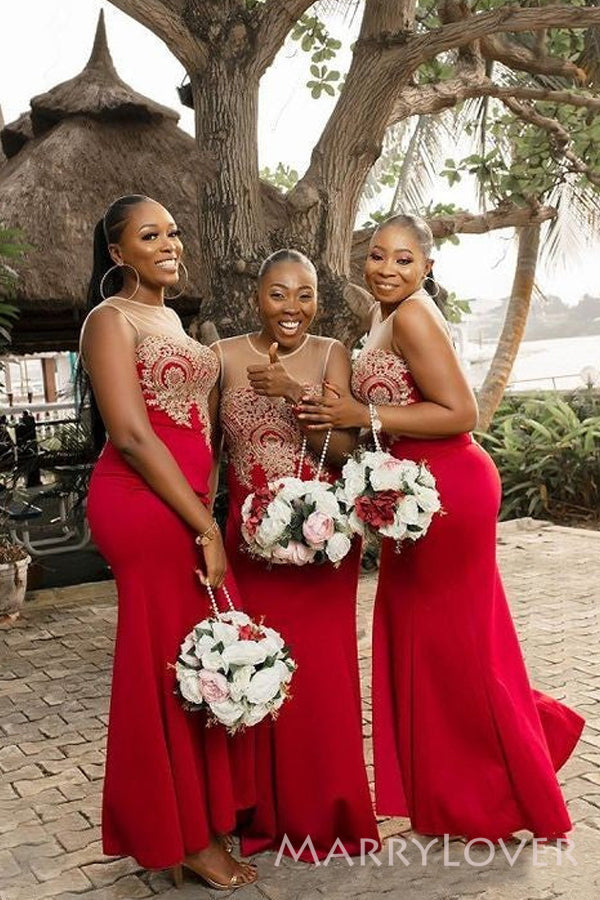 Mermaid Appliques Red Long Custom Bridesmaid Dresses , BN1238 Mermaid Appliques Red Long Custom Bridesmaid Dresses , BN1238