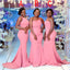 Mismatched One Shoulder Pink Mermaid Long Custom Bridesmaid Dresses , BN1242